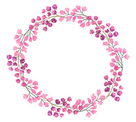 Fototapeta na wymiar Watercolor floral wreath isolated on white background. Natural hand painted design object. Ideal for wedding cards, prints, patterns, packaging design.