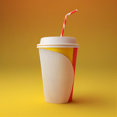 Modern 3d paper cup with straw from fast food in yellow background