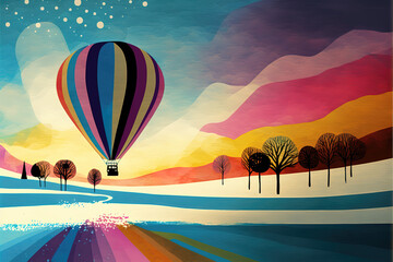 a balloon ride illustration with a colorful sky, wonderful winter art, generative ai technology