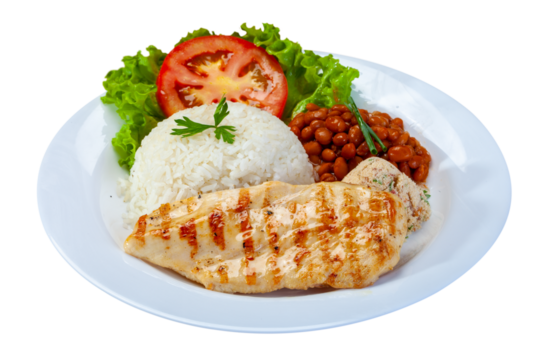 Rice beans grilled chicken steak salad and farofa