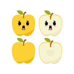 Frightened apple with kawaii emoji. Flat design vector illustration of yellow apple on white background