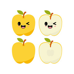 Frisky apple with kawaii emoji. Flat design vector illustration of yellow apple on white background