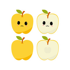 Puzzled apple with kawaii emoji. Flat design vector illustration of yellow apple on white background