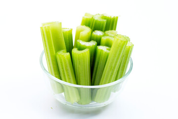 Fresh celery on white background. Top view