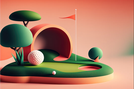 a cool cartoon inspired miniature golf illustration with a hole and a cave, generative ai technology