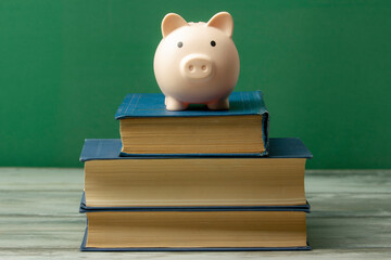Piggy bank and book. College fees saving concept, copy space for text
