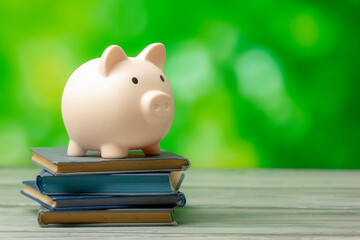 Piggy bank and book. College fees saving concept, copy space for text - Powered by Adobe