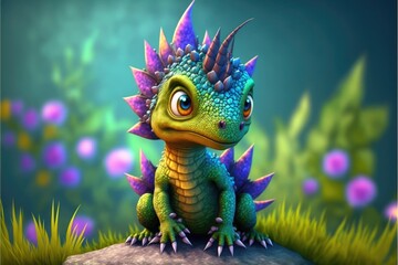 a cute adorable baby dragon lizard 3D Illustation stands in nature in the style of children-friendly cartoon animation fantasy style	