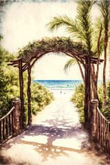 a long beautiful path to the beach, watercolor art, generative ai technology