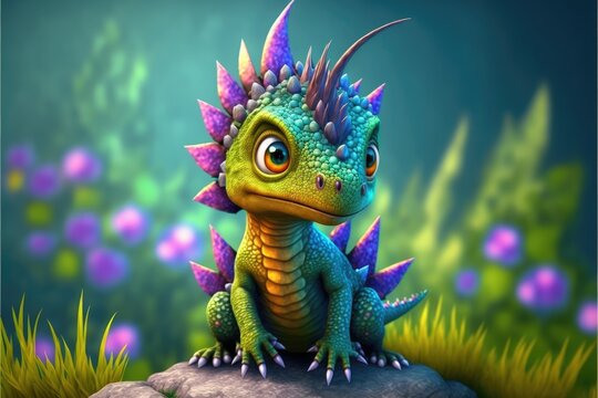 a cute adorable baby dragon lizard 3D Illustation stands in nature in the style of children-friendly cartoon animation fantasy style	