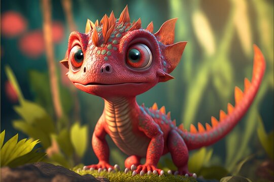 a cute adorable baby red lizard generative ai  rendered in the style of children-friendly cartoon animation fantasy style	