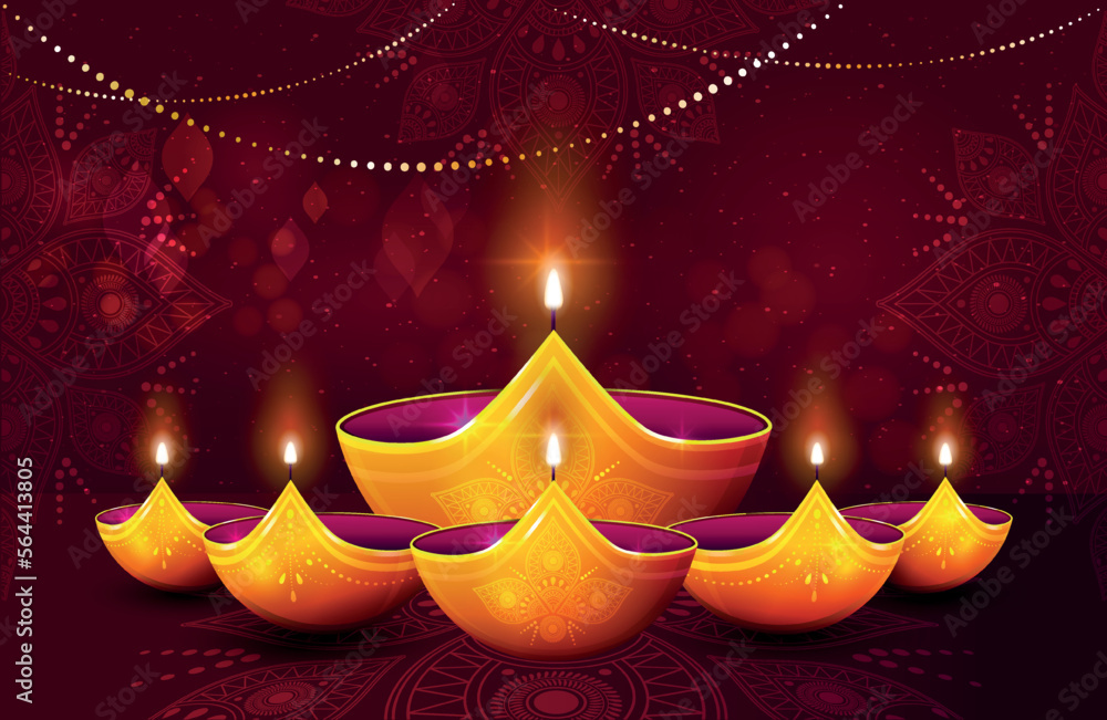 Wall mural Diwali on lamps. Indian culture and traditions. Design element for greeting and invitation postcard. Holiday and festival. Candles in gold bowls with abstract patterns. Cartoon 3d vector illustration