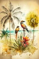 a beautiful watercolor illustration with tropical birds, generative ai technology