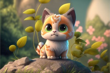 a cute adorable baby cat generative ai  rendered in the style of children-friendly cartoon animation fantasy style	