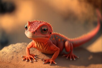 Naklejka premium a cute adorable baby red lizard generative ai rendered in the style of children-friendly cartoon animation fantasy style 
