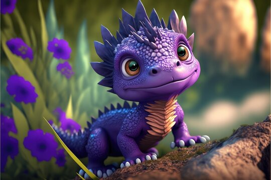 a cute adorable baby purple lizard generative ai  rendered in the style of children-friendly cartoon animation fantasy style	