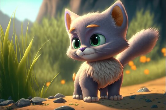 a cute adorable baby cat generative ai  rendered in the style of children-friendly cartoon animation fantasy style	