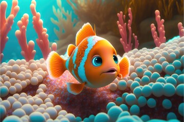 a cute adorable baby fish generative ai  rendered in the style of children-friendly cartoon animation fantasy style	