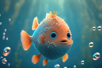 a cute adorable baby fish generative ai  rendered in the style of children-friendly cartoon animation fantasy style	
