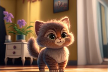 a cute adorable baby cat generative ai  rendered in the style of children-friendly cartoon animation fantasy style	
