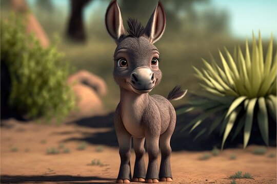a cute adorable baby donkey generative ai  rendered in the style of children-friendly cartoon animation fantasy style	