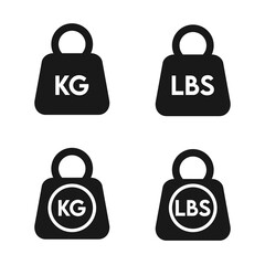 Kilogram (KG) and pound (LBS) weight symbol icon, Dumbbell vector illustration