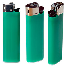Plastic lighter filled with propane butane gas. Isolated background. - obrazy, fototapety, plakaty