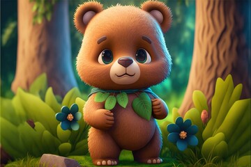 a cute adorable baby bear generative ai  rendered in the style of children-friendly cartoon animation fantasy style	