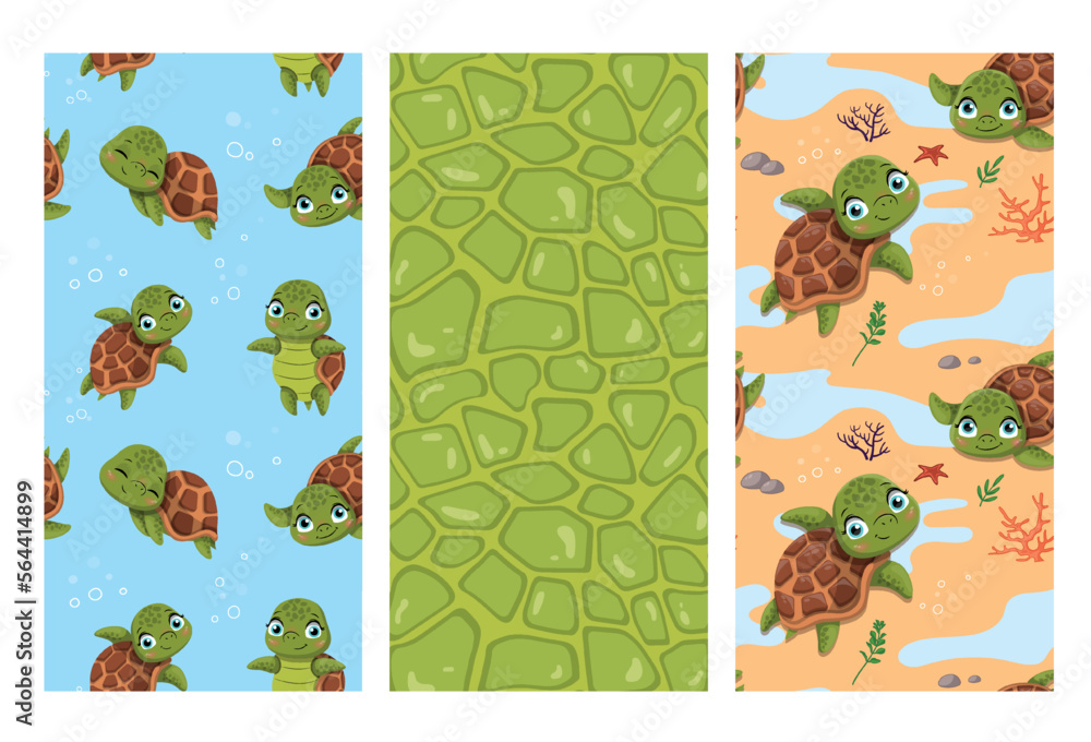 Poster turtle seamless patterns set. collection of repeating design elements. tropic and exotic animal, mar
