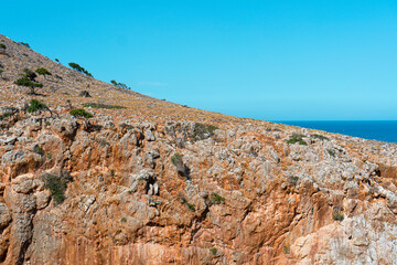 Seitan Limania beach holiday with blue water in Akrotiri, Crete, Greek Islands, Greece. Top view. Vacation next to the Mediterranean cost.