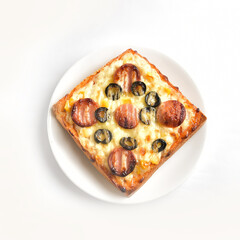 Assimilation of a sandwich as a mini pizza. There are photo and vector versions for design idea. The sandwich is added with cheese, hams, pickled olive and then baked. Served with ketchup or chilis