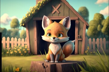 a cute adorable baby fox generative ai  rendered in the style of children-friendly cartoon animation fantasy style	
