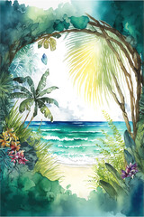 Fototapeta na wymiar a wonderful paradise liked entrance to the beach, watercolor style, generative ai technology