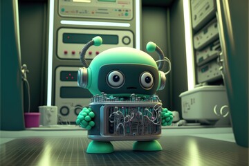 a cute adorable baby robot generative ai  rendered in the style of children-friendly cartoon animation fantasy style	