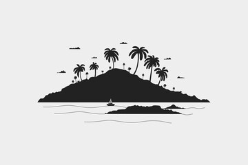 Minimal tropical island with a sailboat and palm trees