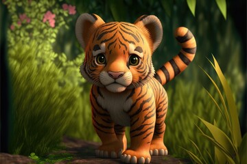 a cute adorable baby tiger generative ai  rendered in the style of children-friendly cartoon animation fantasy style	