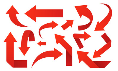 Set of red arrow icons, pointing up, down, left and right. isolated