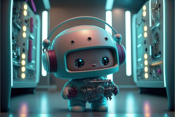 a cute adorable baby robot generative ai  rendered in the style of children-friendly cartoon animation fantasy style	