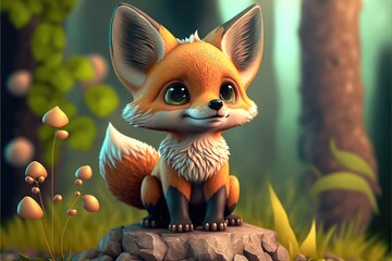 a cute adorable baby fox generative ai  rendered in the style of children-friendly cartoon animation fantasy style	