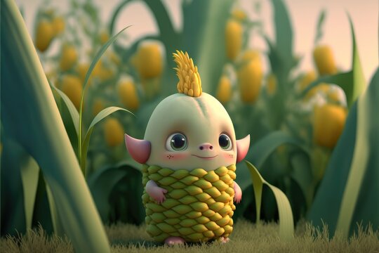 A Cute Adorable Baby Corn Cereal Creature Generative Ai  Rendered In The Style Of Children-friendly Cartoon Animation Fantasy Style	