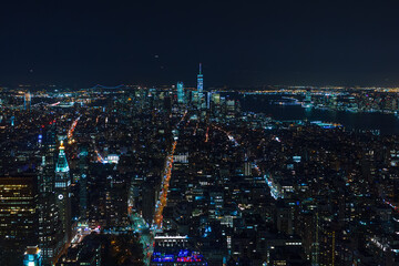 New York City - aerial view of Manhatten at night