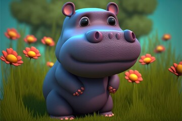 a cute adorable baby hippo generative ai  rendered in the style of children-friendly cartoon animation fantasy style	 - obrazy, fototapety, plakaty