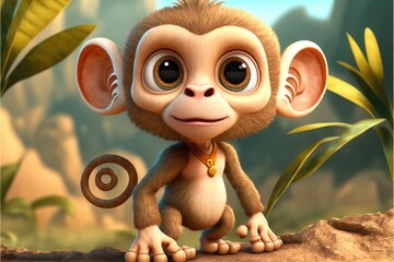 a cute adorable baby Monkey generative ai  rendered in the style of children-friendly cartoon animation fantasy style	