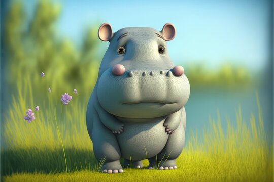 a cute adorable baby hippo generative ai  rendered in the style of children-friendly cartoon animation fantasy style	