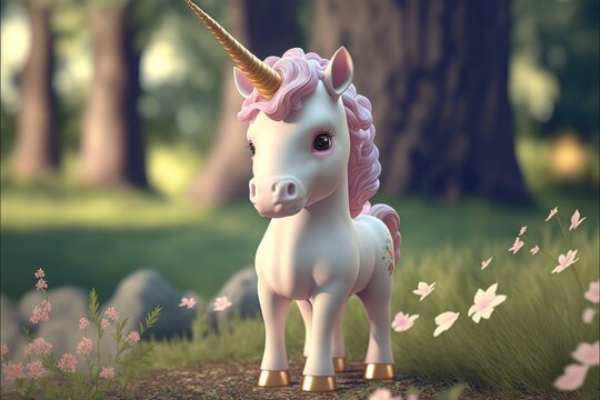 a cute adorable baby unicorn generative ai  rendered in the style of children-friendly cartoon animation fantasy style	