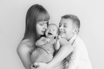 newborn baby in the arms of mother and older child, black and white photo, monochrome. parental care for a new life