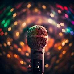 Microphone on stage close-up with colorful lights background.. Karaoke, night club, bar
