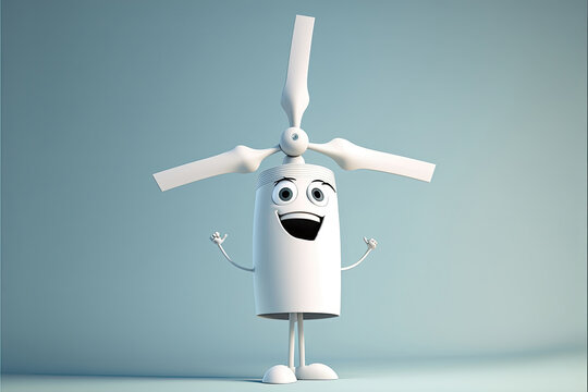 Cute 3D Cartoon white slim wind turbine character. Generative AI