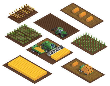 Work in field isometric set. Collection of graphic elements for website. Countryside and village. Technique harvests wheat and vegetables. Cartoon 3d vector illustrations isolated on white background