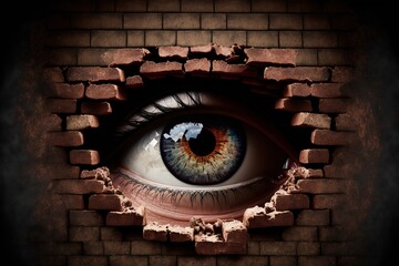 An eye peeps through a hole in a brick wall, conceptual illustration about gossips who watch. Ia generated.